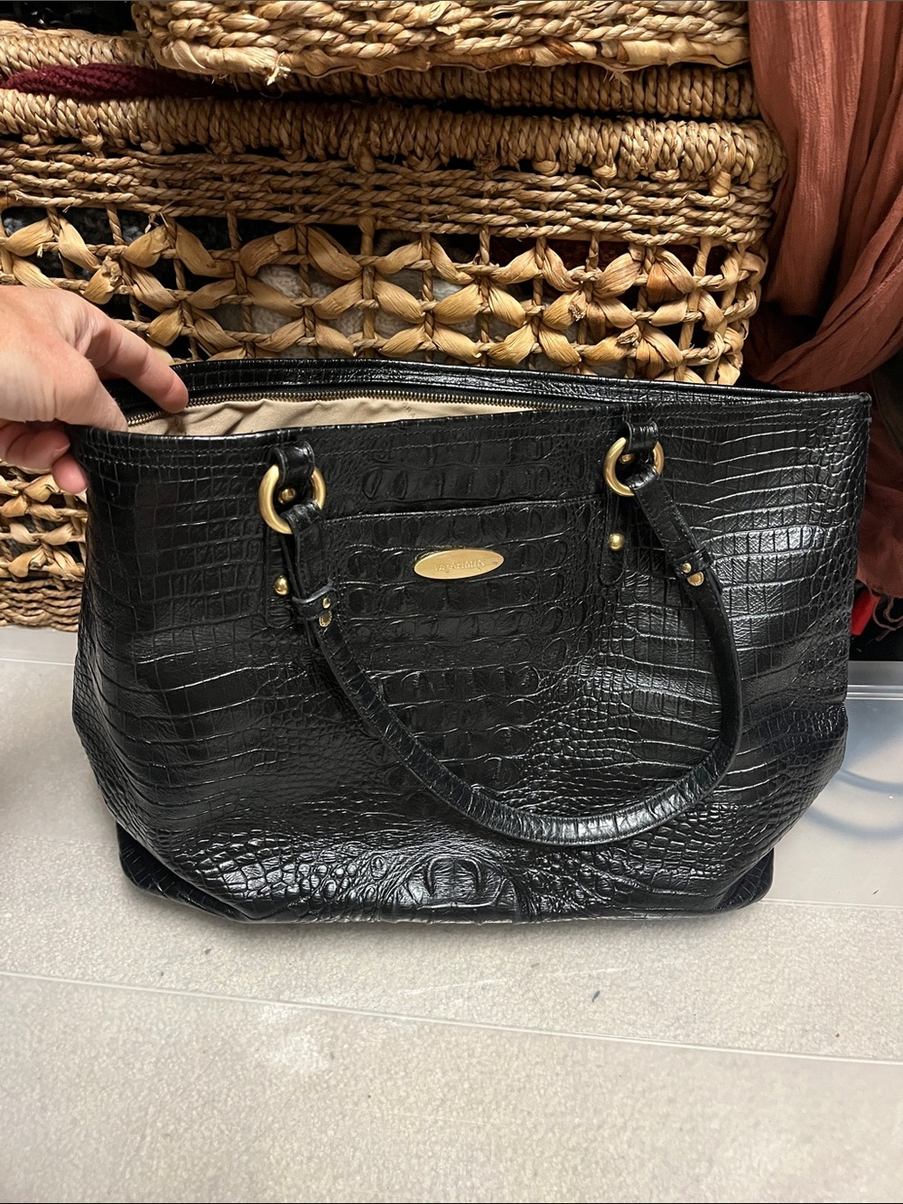 Brahmin Black Croc-Embossed Tote with Gold Accents